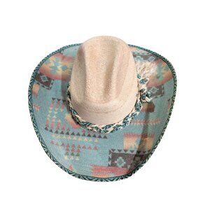 Bullhide Western Cowboy Hat Aztec Print Brim Beige Blue Woven Trim Size L